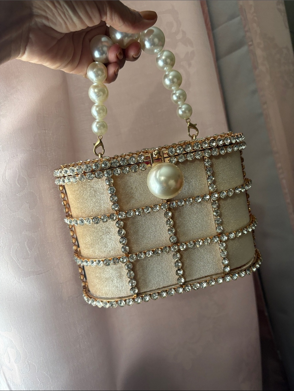 Pearl-Handle Gold Crystal Evening Bag